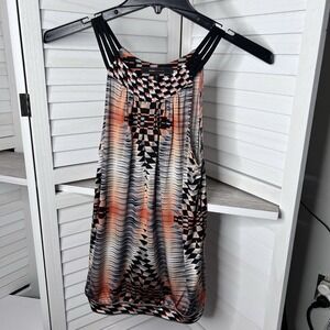 NWOT BCBG Maxaxria Sleeveless Blouse Tank Mandrncomb Black Orange Geometric XS‎